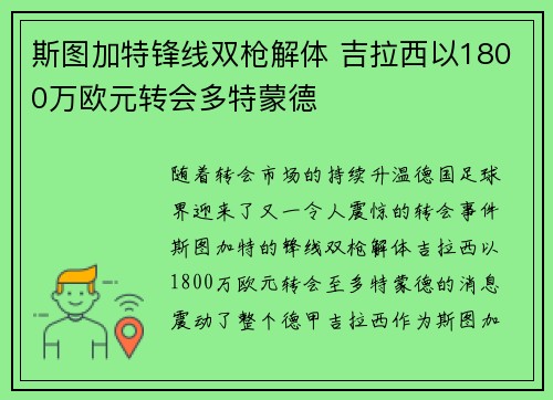 斯图加特锋线双枪解体 吉拉西以1800万欧元转会多特蒙德 斯图加特锋线双枪解体 吉拉西以1800万欧元转会多特蒙德